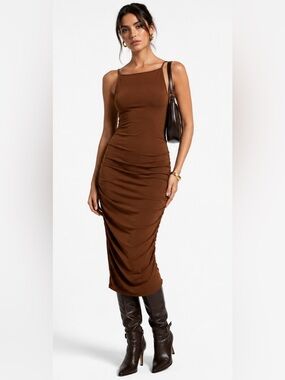 WeWoreWhat | Dresses | Weworewhat Ruched Strap Midi Dress Chocolate Brown Xs Nwt